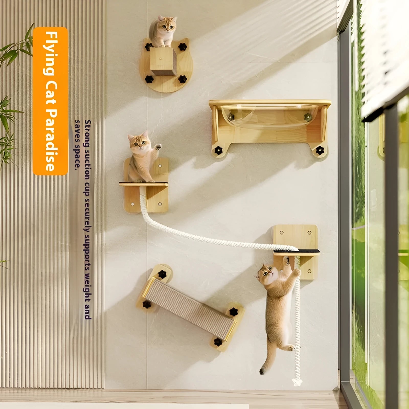 Space capsule suspended cat climbing frame with sisal scratching surfaces