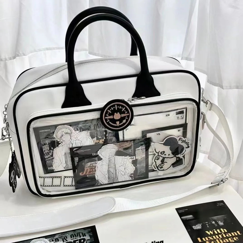 One-shoulder PU messenger bag 42x24cm horizontal square shape with external pocket, black colour option