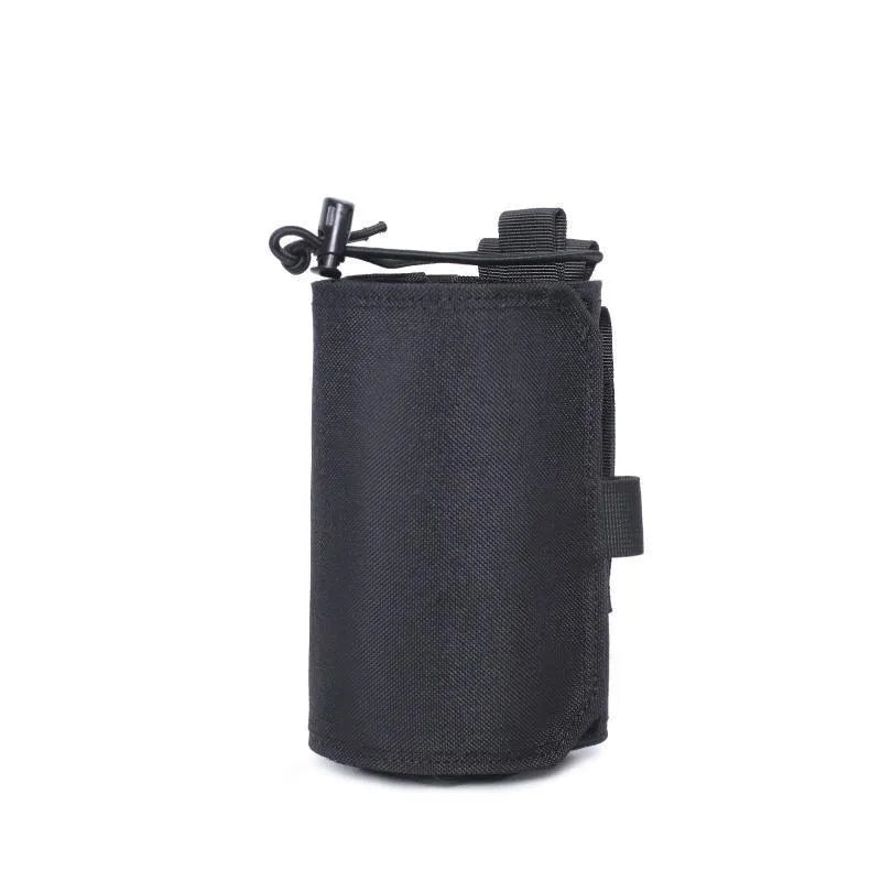 Adjustable outdoor bottle cover in Oxford cloth with elastic base, shown in black and khaki colours