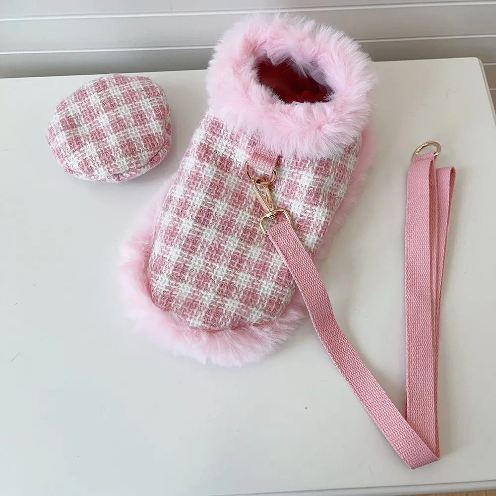 Pink cat costume with beret and cape featuring integrated hand-held lead for fancy dress events