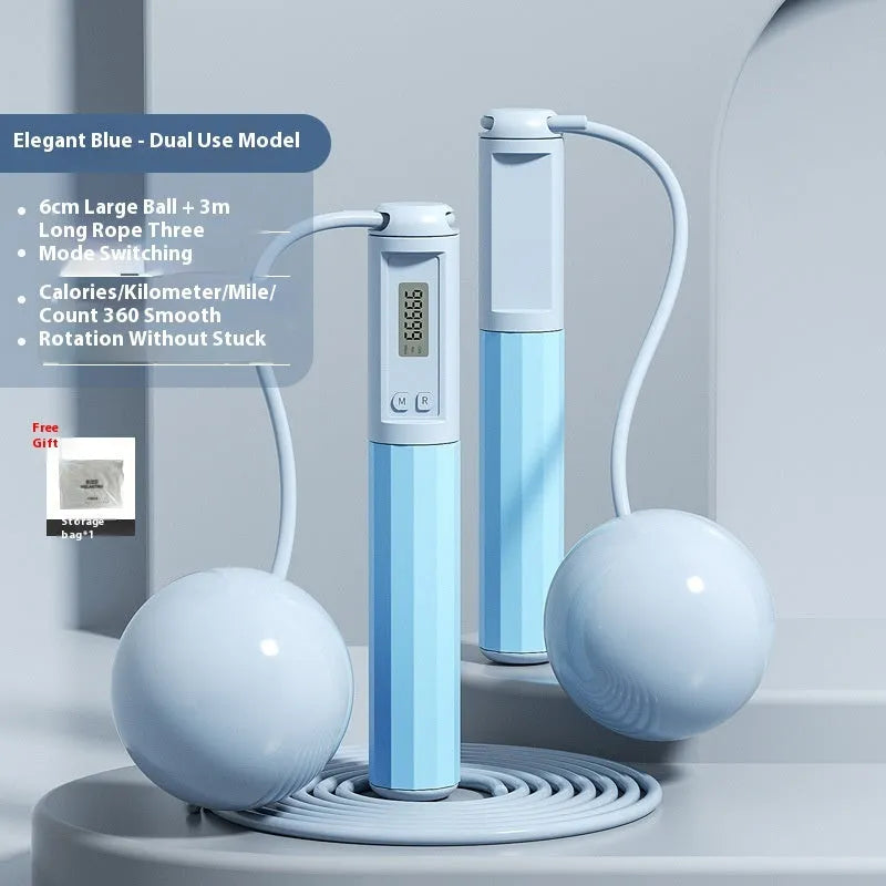 Smart counting skipping rope in light blue with ABS handle and big ball style, packed in stroller bag