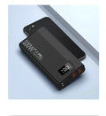 Large capacity power bank in black or white with plastic shell, showing fast charging capability and multiple capacity options