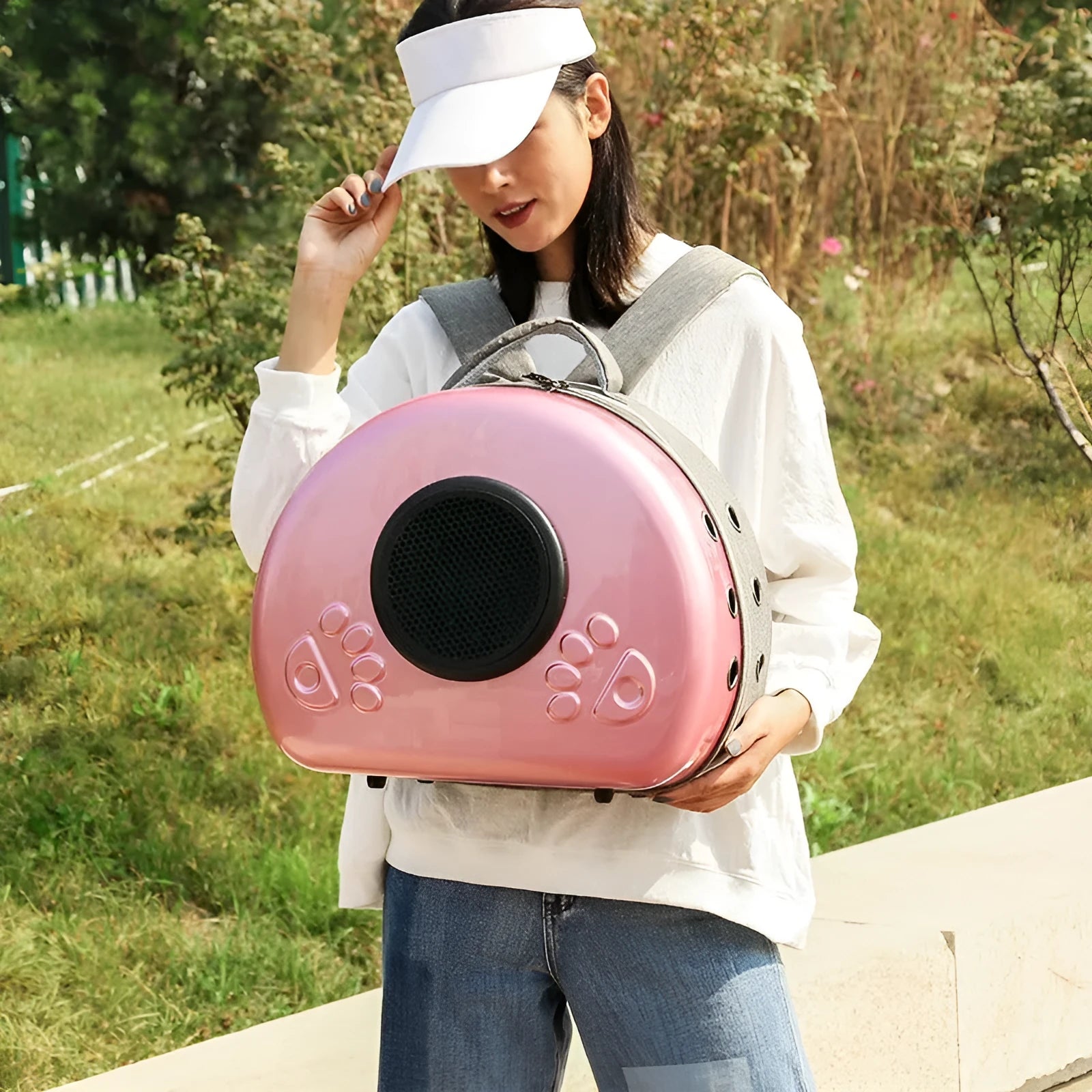 Transparent space capsule cat carrier bag with hard PC canvas shell and coloured front cover