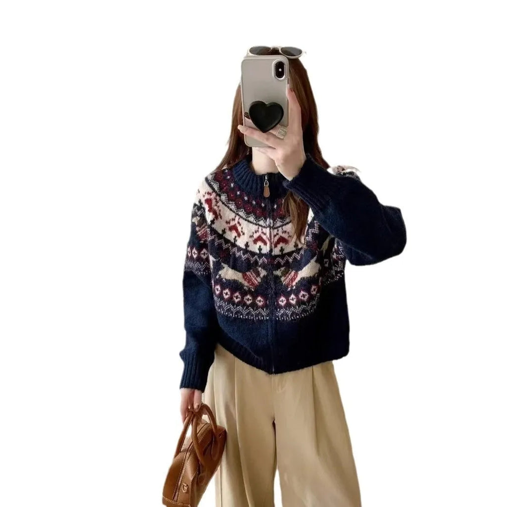 Ethnic style Jacquard pullover sweater with 3D heavy industry pattern, round neck, and long sleeves in apricot colour.