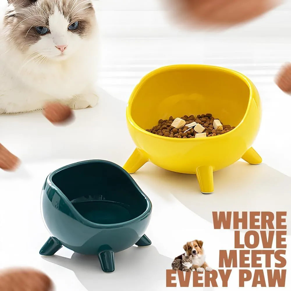 Green four-legged ceramic cat food bowl for indoor pets with wide mouth design