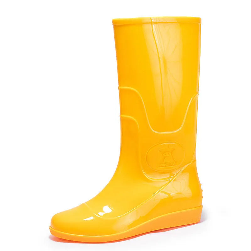 Flat washable rain boots for men white yellow plastic labour protection waterproof high cylinder round toe