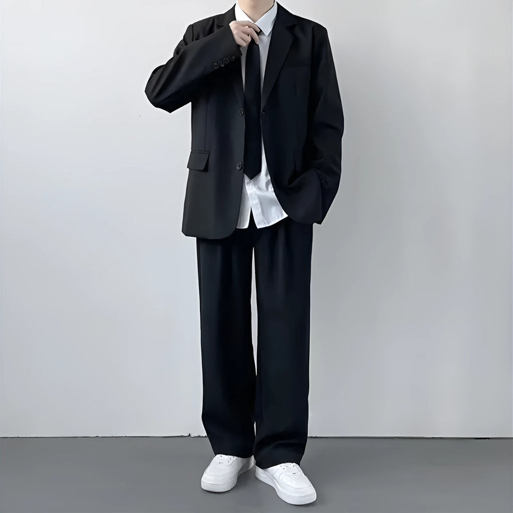 Plus size men's college style suit set with coat, trousers, shirt and tie in loose fit
