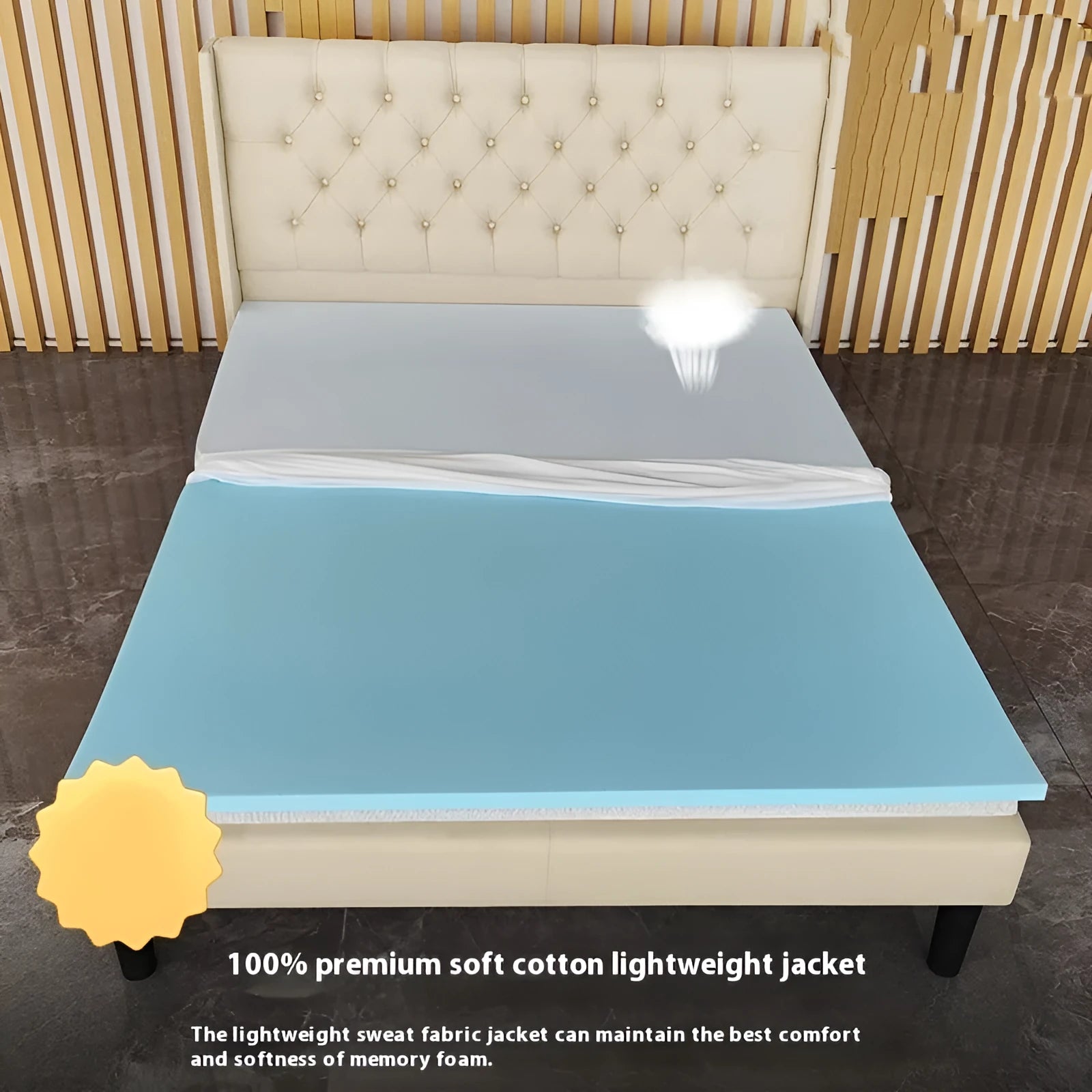 Thin gel memory cotton tatami mattress showing slow rebound and available in multiple sizes and thicknesses.