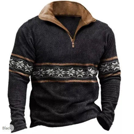 Men's loose fit long sleeve t-shirt with retro striped printing and zipper details