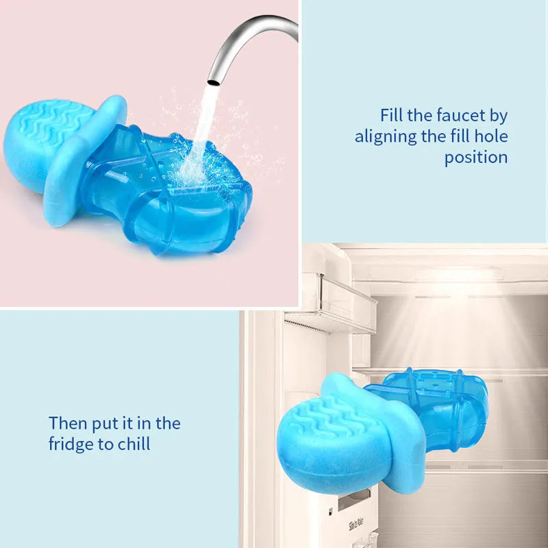 Assorted dog cooling toys including water-filled popsicles, silicone pacifier chews, and rope-attached ring in bright colours