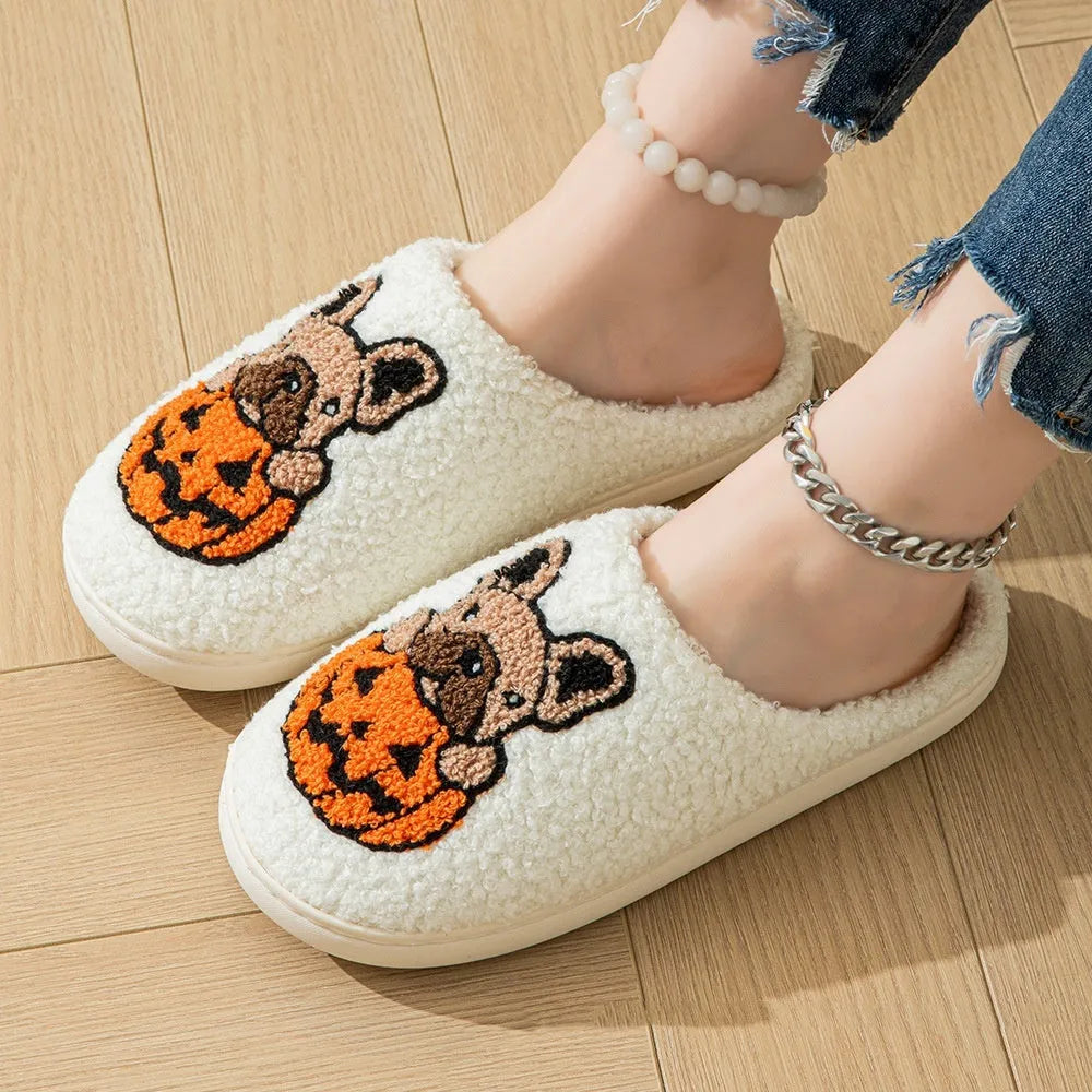 Halloween pumpkin pattern plush slippers with non-slip TPR rubber soles in black and white colours