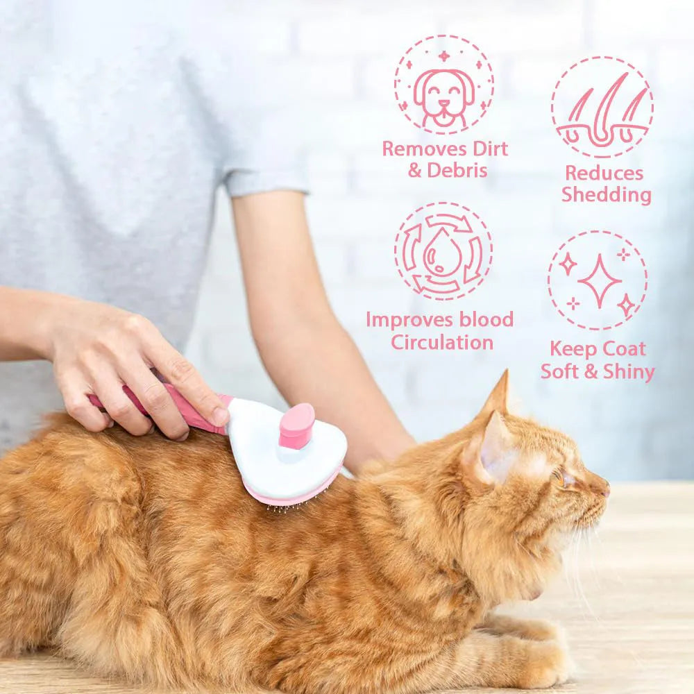 Cat grooming brush with a release button, featuring fine wire bristles, shown in blue colour.