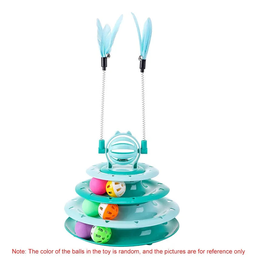 Blue 4-tier interactive cat puzzle toy with balls and teasing rods on a table.