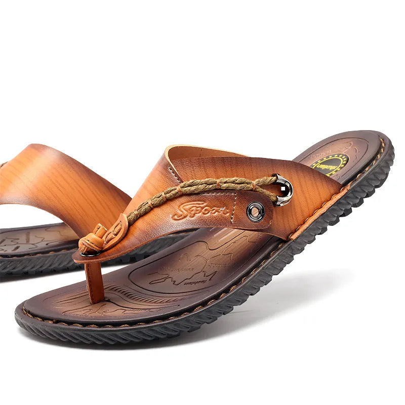 Men's black casual slippers with non-slip sole and PU leather upper on a plain background.