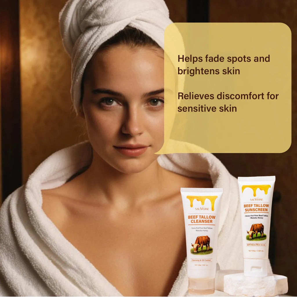 Seven-piece skincare set with facial cleanser, face cream, lip products, body lotion and facial scrub