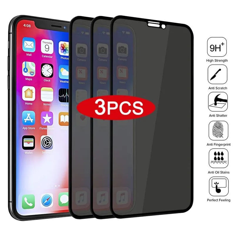 Black anti-peeping tempered glass screen protector for Apple iPhones on white background