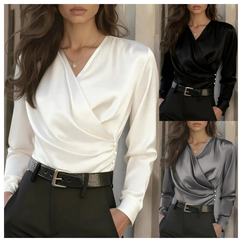 Women's v-neck slim fit polyester shirt in white with patchwork detail, long sleeves, and pullover style