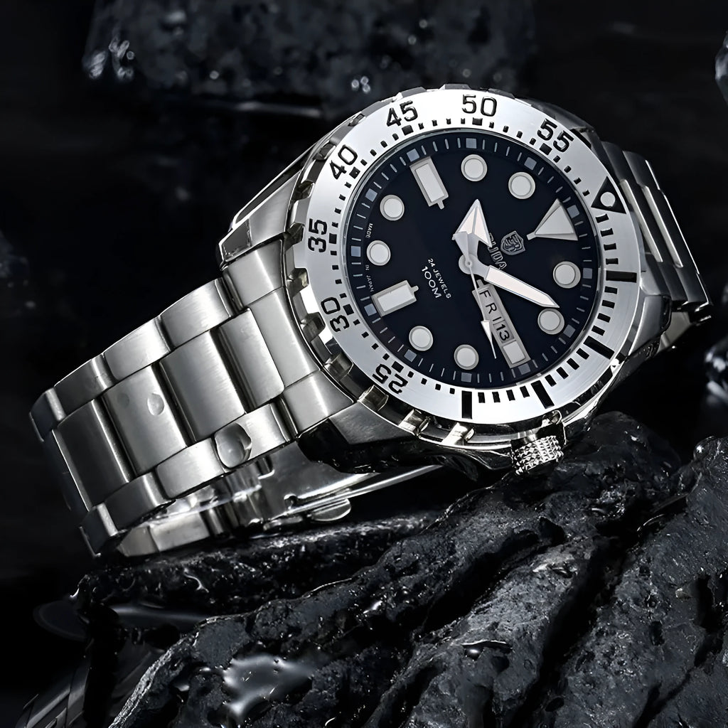 Waterproof men's sports watch with luminous quartz movement showing blue dial and steel strap option