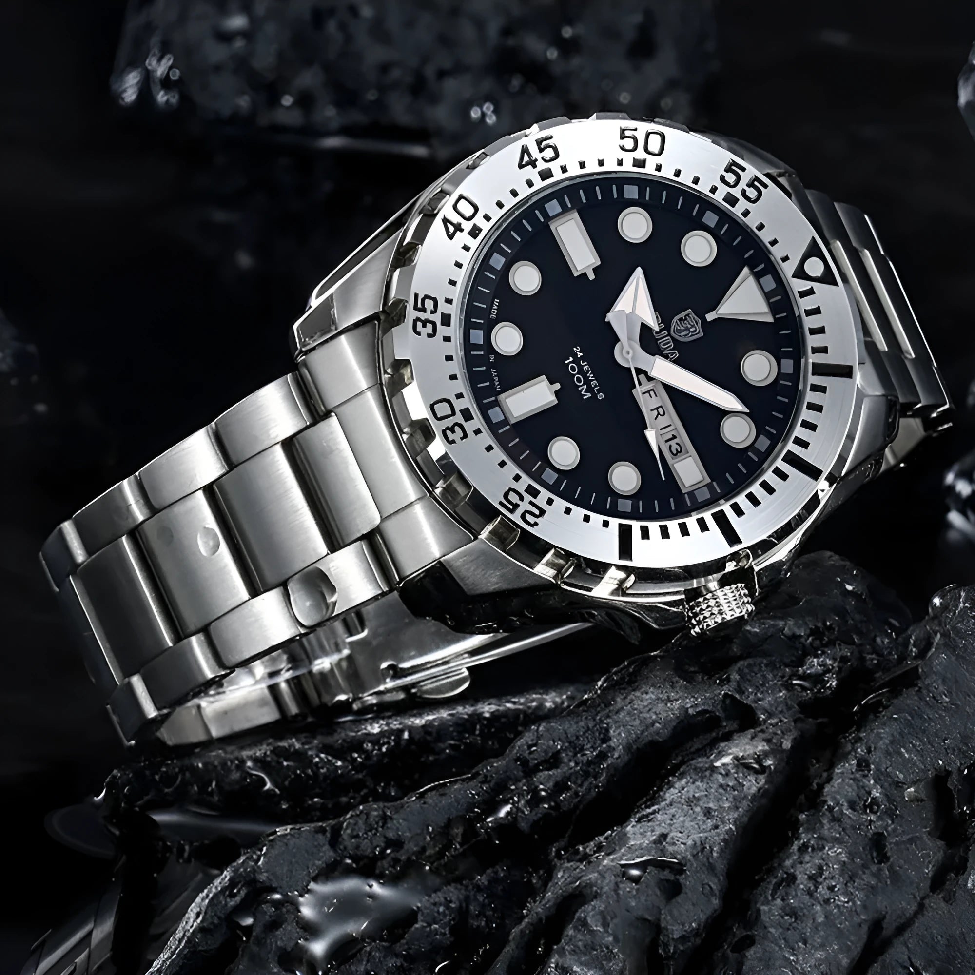 Waterproof men's sports watch with luminous quartz movement showing blue dial and steel strap option