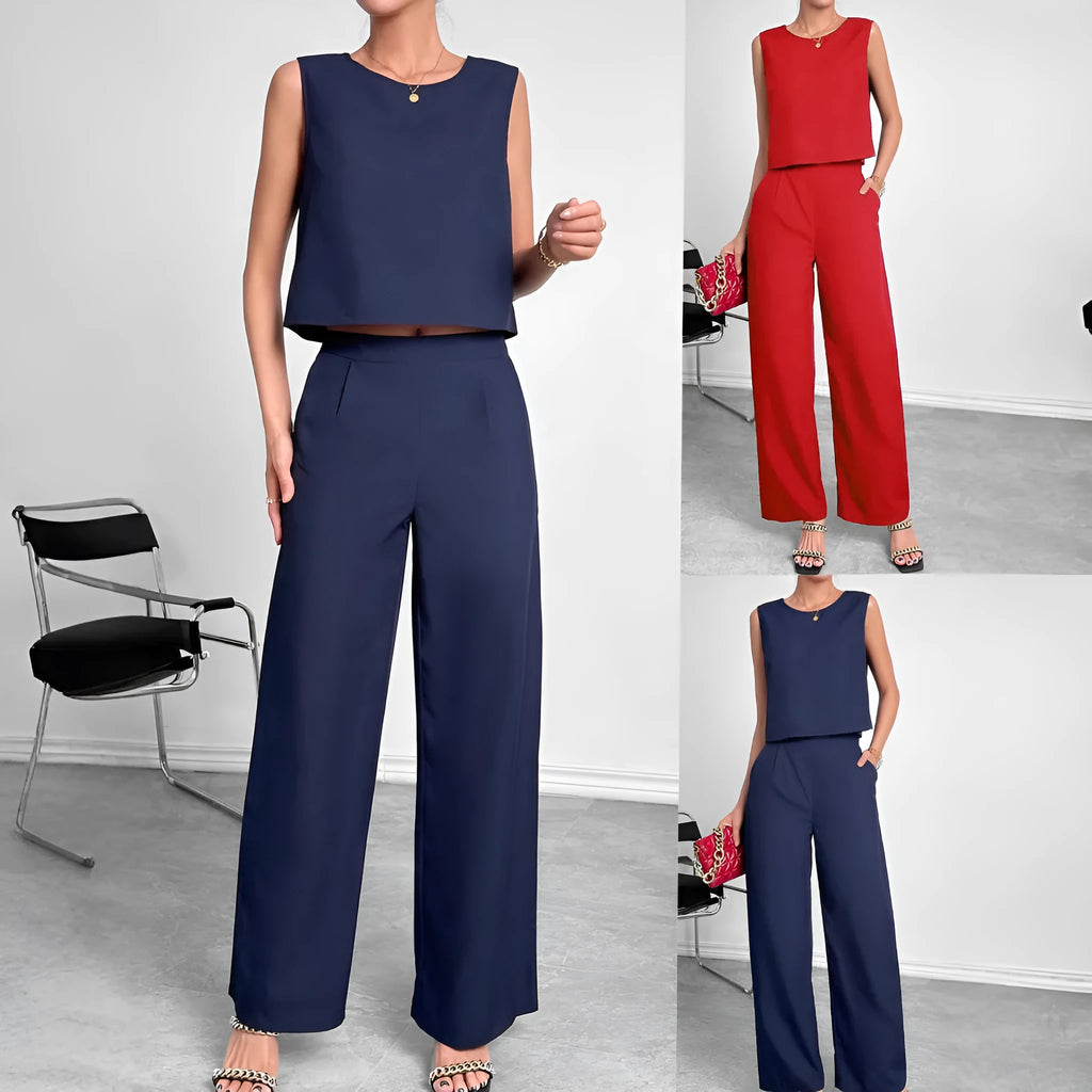Women's sleeveless top and wide leg trousers two-piece set in red or navy blue