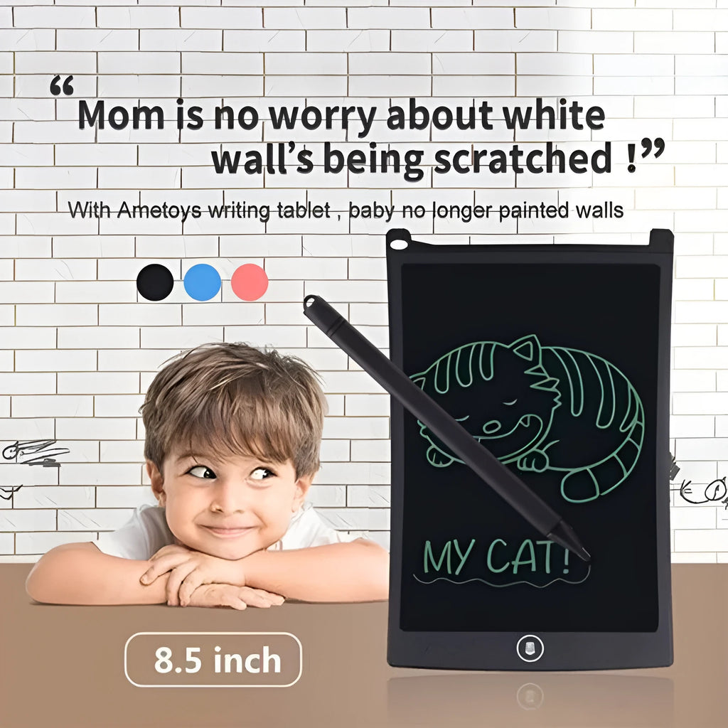 Electronic drawing board with 8.5-inch LCD screen in black, showing a drawn flower with a yellow stylus beside it