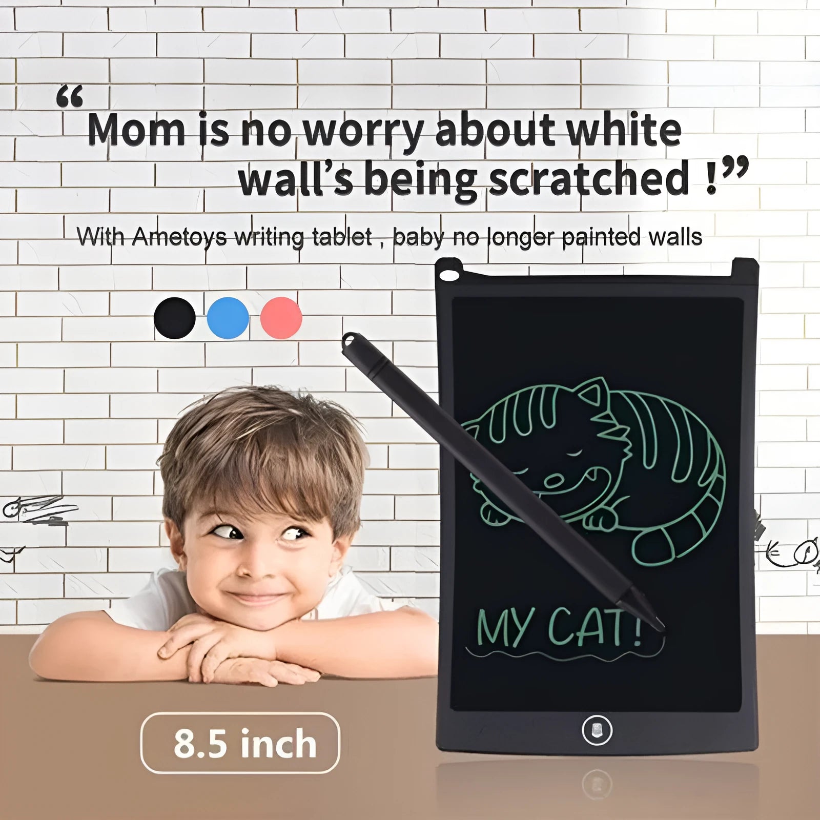 Electronic drawing board with 8.5-inch LCD screen in black, showing a drawn flower with a yellow stylus beside it