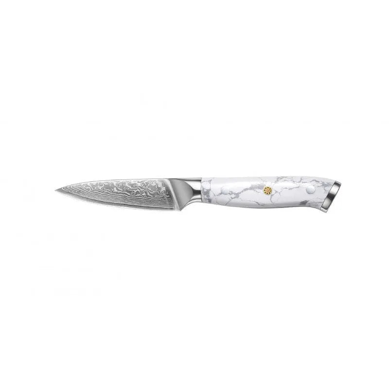 Damascus pattern chef's knife with 21cm VG10 steel blade and 11cm handle showing Japanese knife construction