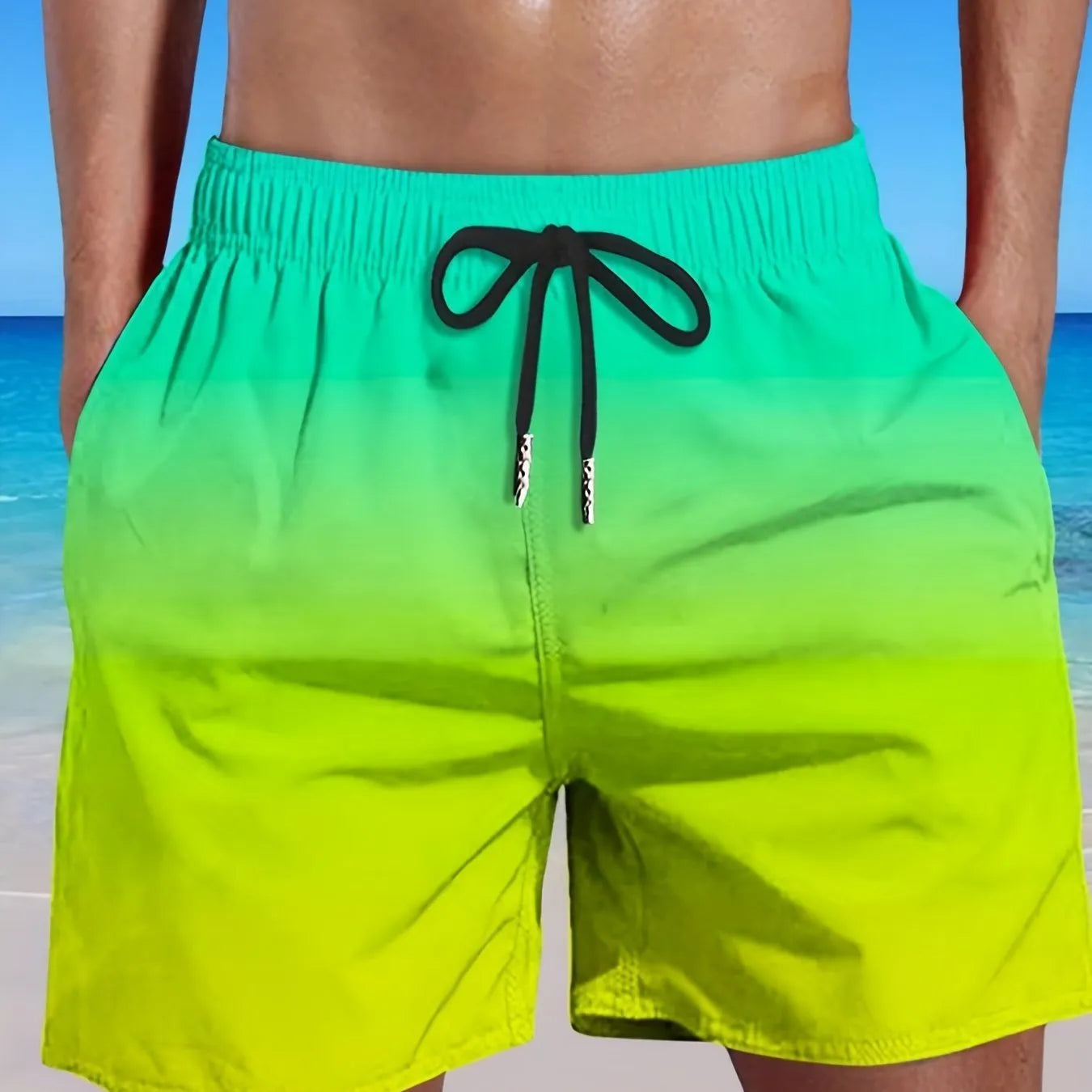 Men's gradient colour 3D digitally printed mesh sports shorts on a size chart.
