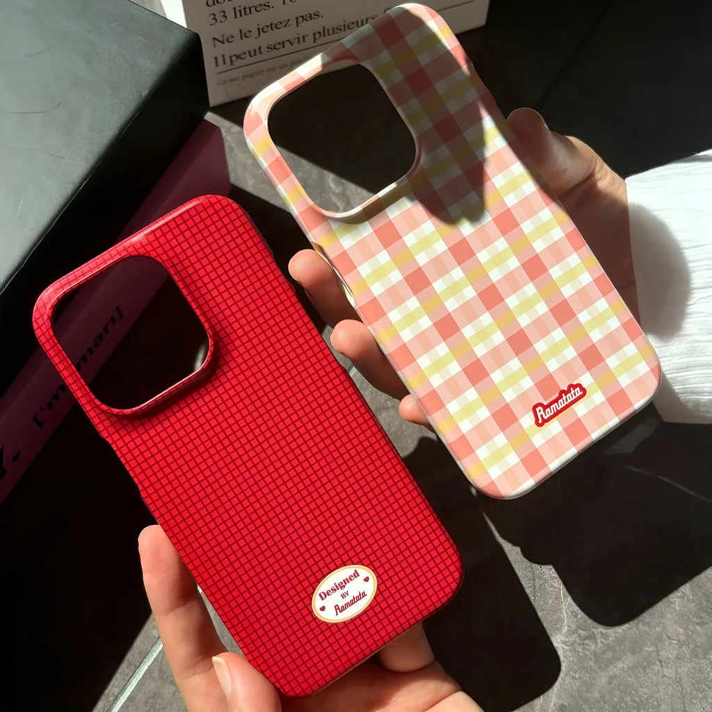 Anti-fingerprint plaid phone case for iPhone 15 Pro Max in red and orange pattern