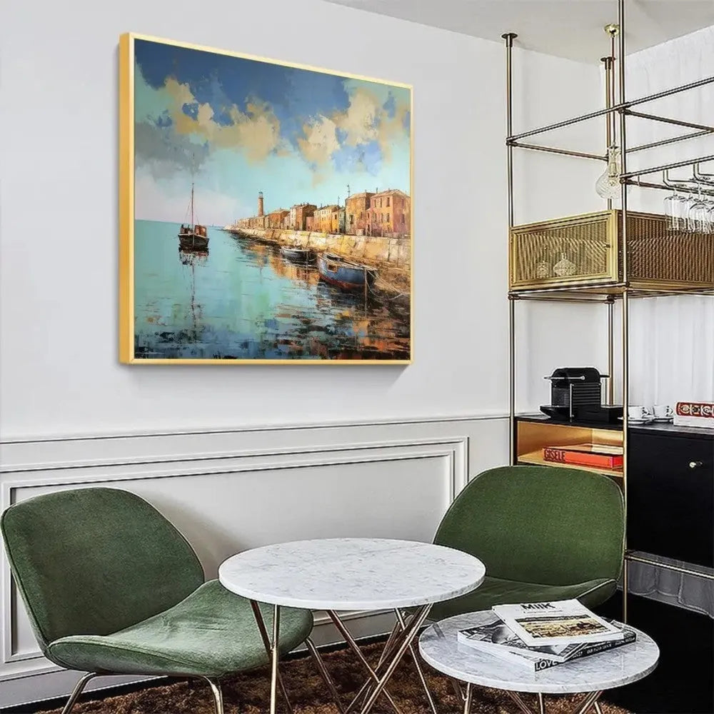 Hand painted oil painting on canvas abstract pier scenery square wall art in modern style