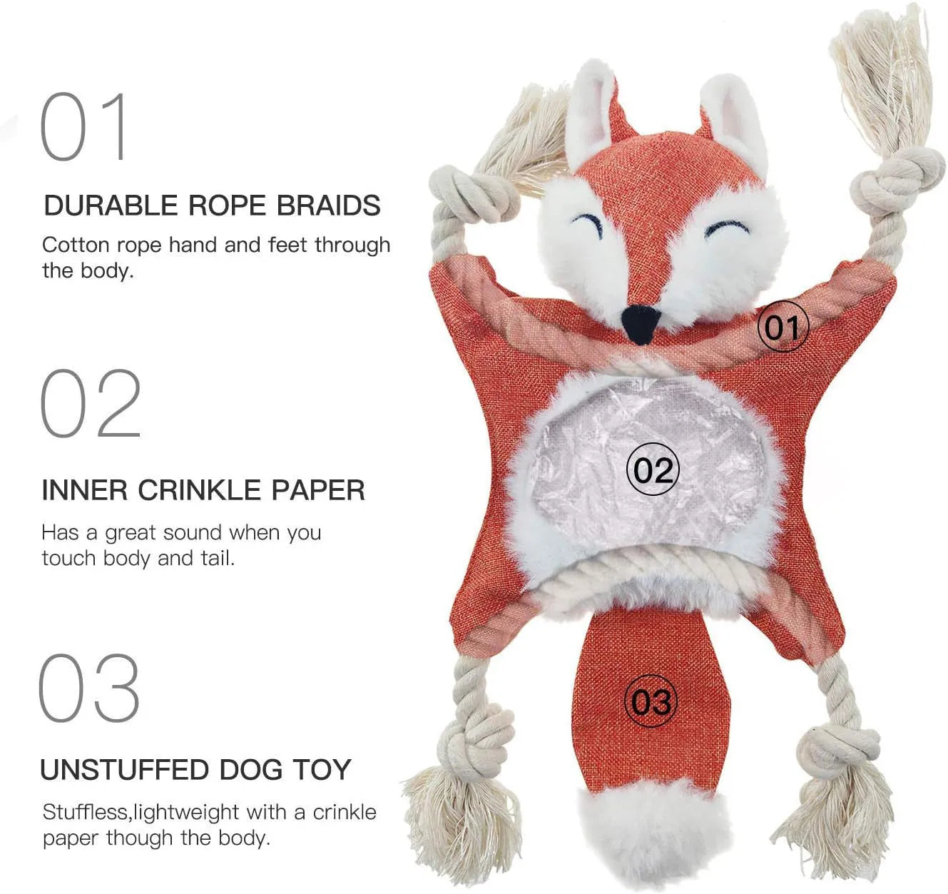 Brown plush fox dog toy with embroidered eyes, cotton rope arms and legs with knots.