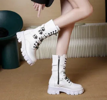 Women's black mid-calf knight boots with metal buckles and side zipper