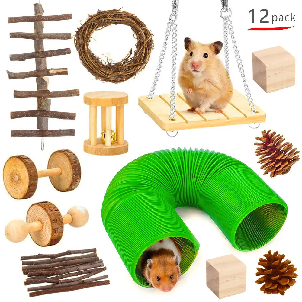Wooden pet toy set with molar stick, straw mattress and woven balls for rabbits, guinea pigs and parrots