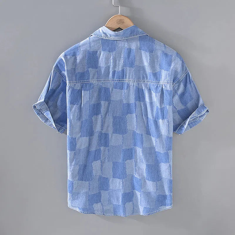 Men's light blue denim print cotton cardigan shirt, short sleeves, loose fit, front view