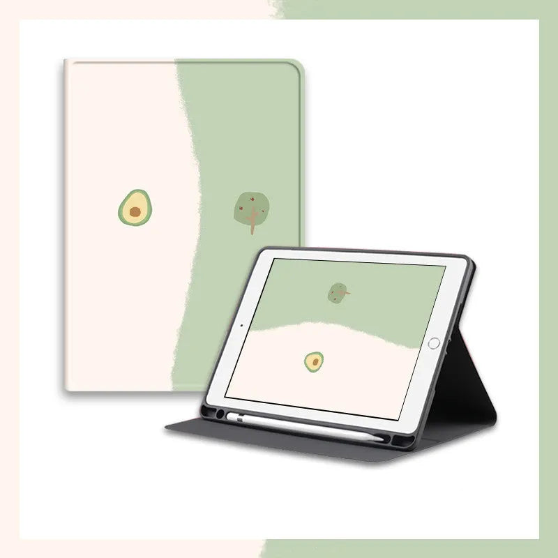 Literary avocado cartoon silicone protective case for multiple iPad models in book style with pen slot