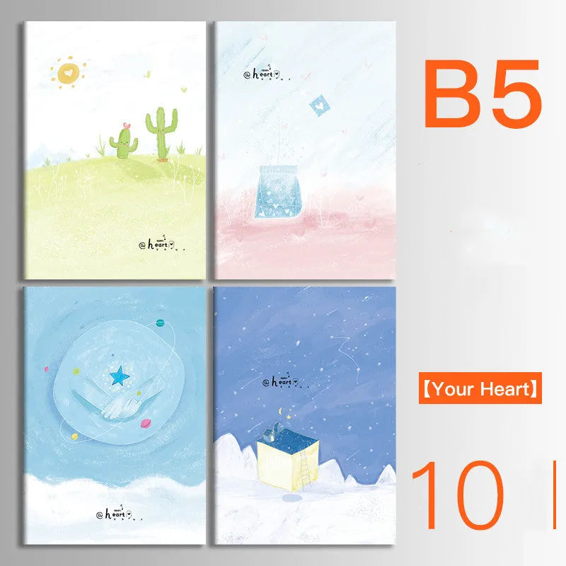 Bundle of ten soft-cover kraft paper notebooks with thread binding in various animal and nature designs.