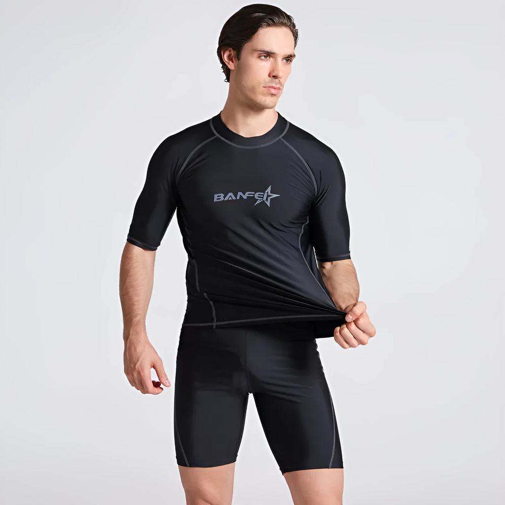 Men's navy blue quick-dry nylon swimsuit set with half sleeves and long swim pants
