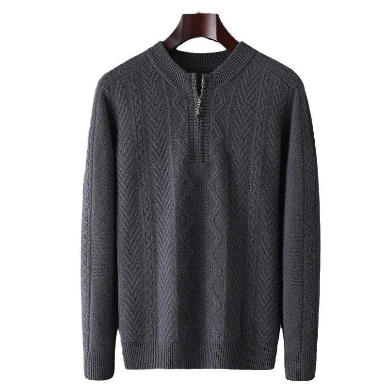Men's grey pure wool half-zip sweater with diamond lattice pattern, loose fit, long sleeves.