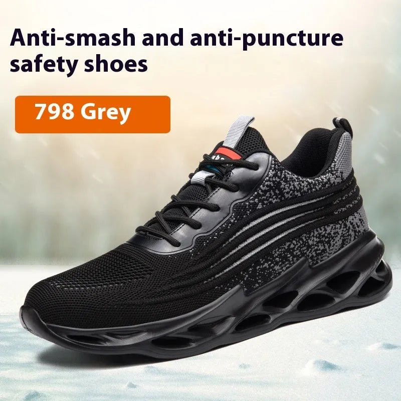 Brown leather steel toe cap safety work boots with a rubber sole on a work site background.