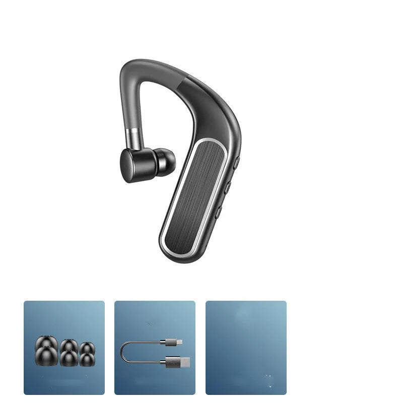 Bluetooth earphones in black with hanging ear design shown with charging cable and three pairs of silicone ear caps