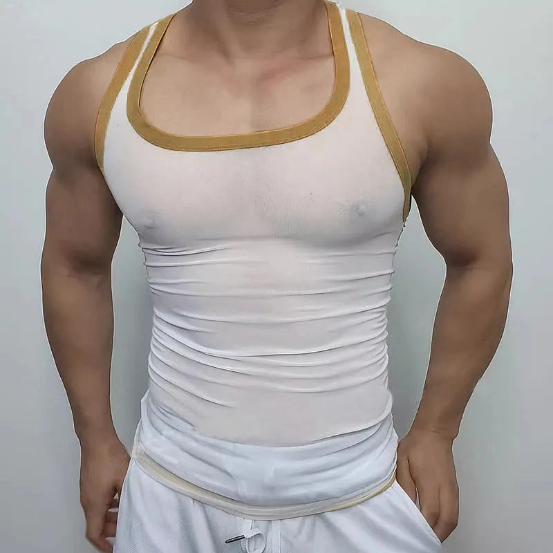 Men's black polyester mesh sleeveless fitness vest on a white background
