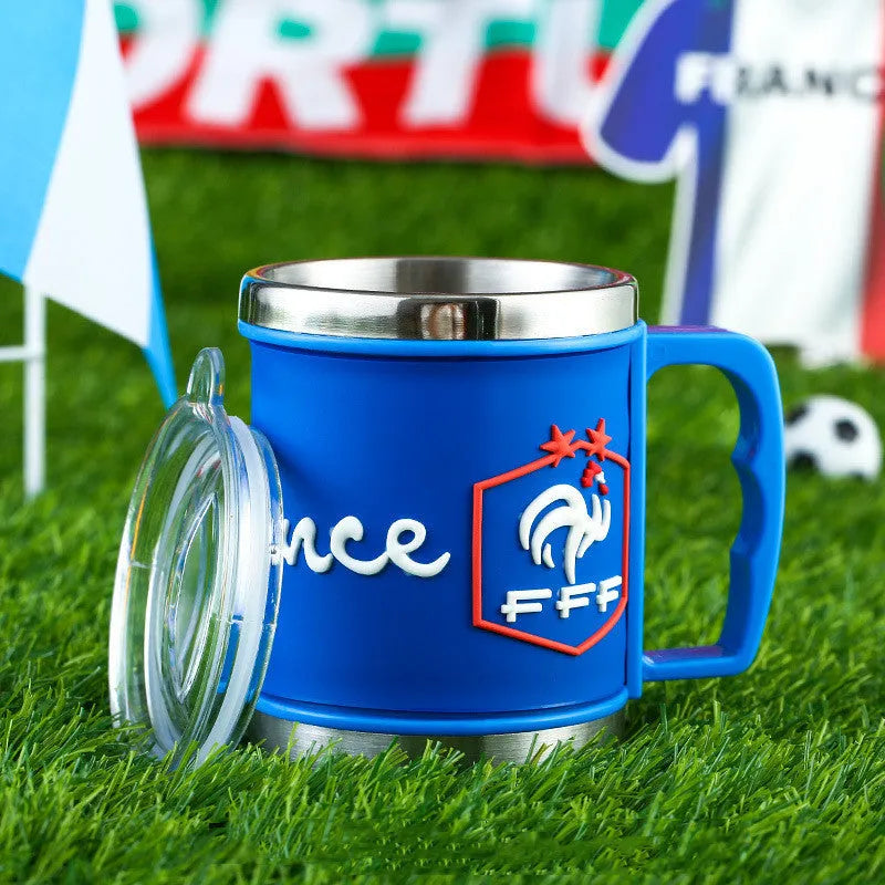 World Cup soccer mug souvenir, rubber and metal, 7.6cm diameter, team colour design