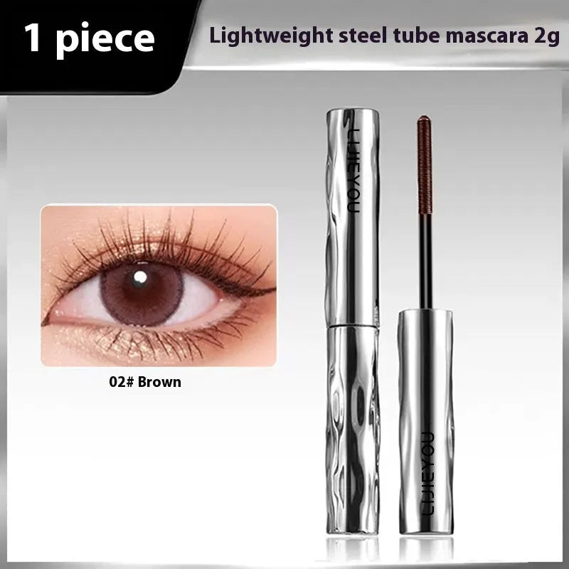 Waterproof steel tube mascara in black and brown shades with optional eyelash curler