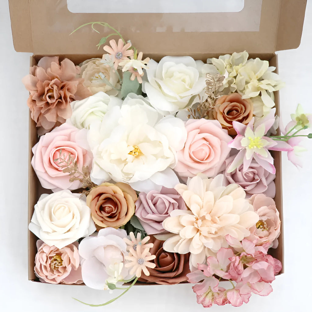 Lotus Pink Champagne rose silk flower box wedding gift bouquet in box