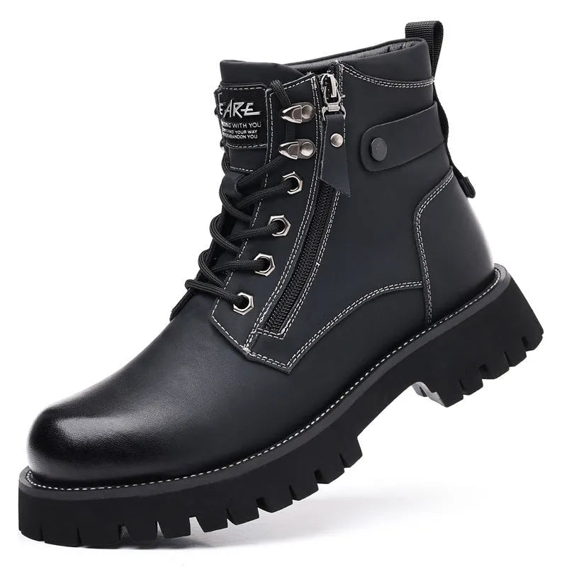 Men's brown leather high-top Martin boots with side zipper and mid heel for height increase