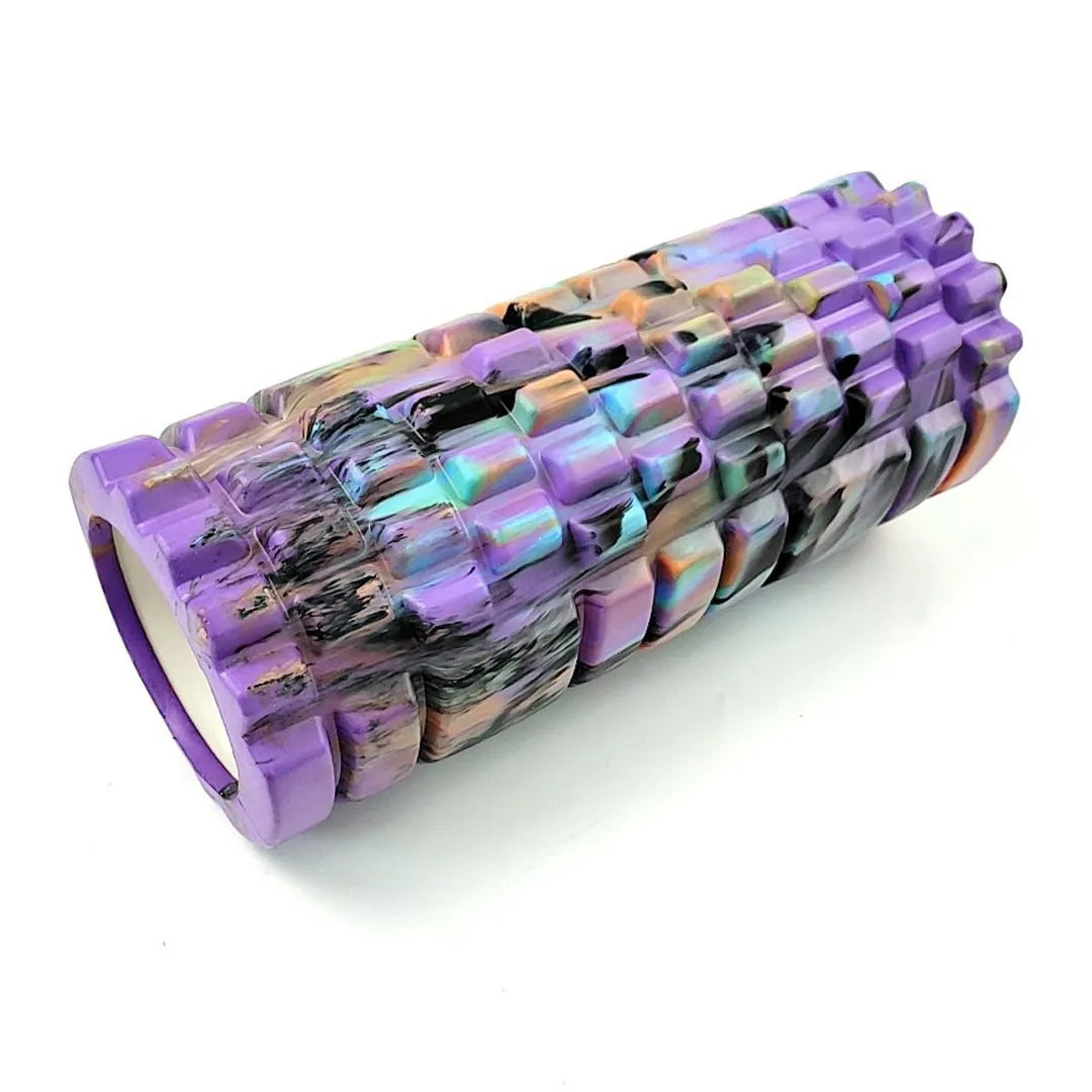 33cm camouflage pattern EVA foam roller in blue green yellow colour shown on gym floor