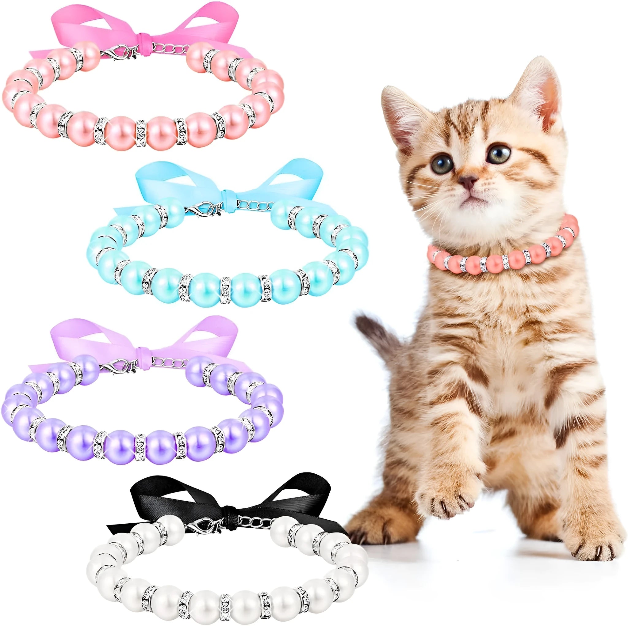 Adjustable small dog pearl necklace with imitation pearls and rhinestones on soft ribbon