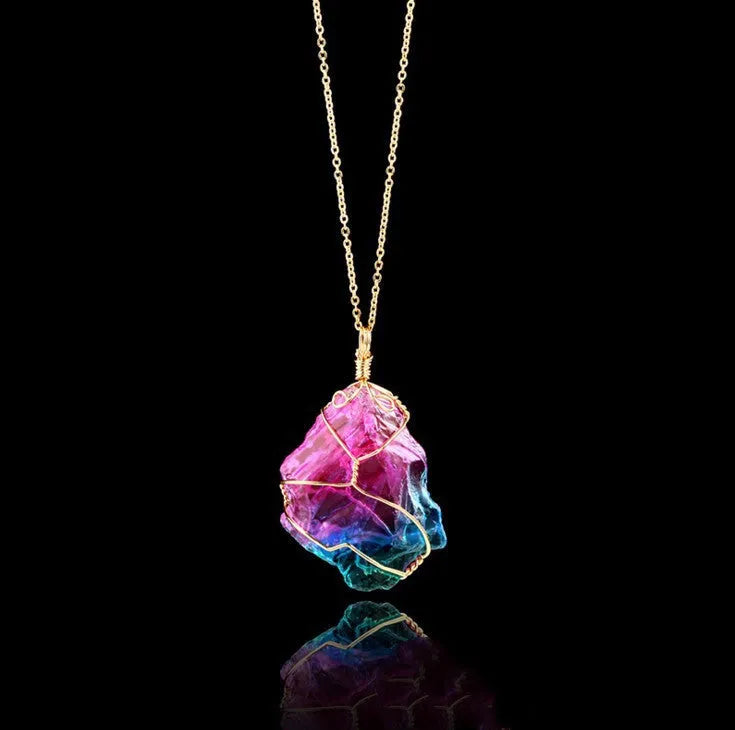 Seven-color natural stone rough stone winding crystal pendant necklace gold geometric shape transparent detail