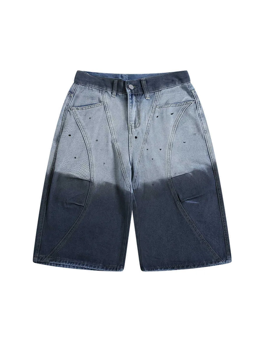 Blue tie-dye gradient cropped jeans with a loose, casual fit and washed-out finish.