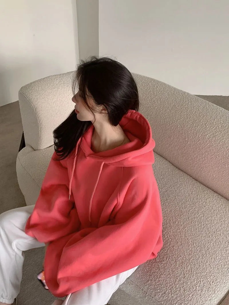 Women's watermelon red sleeveless hooded pullover sweater in loose fit made from mulberry silk